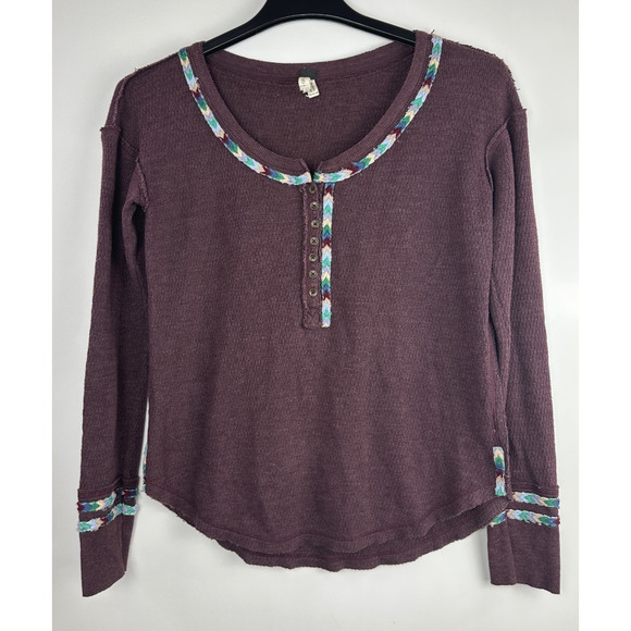 We The Free People Rainbow Trim Henley Thermal Top Small Boho Embroidered Wine - Picture 2 of 13